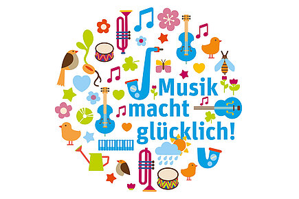 Grafik mit Schriftzug "Musik macht glücklich"