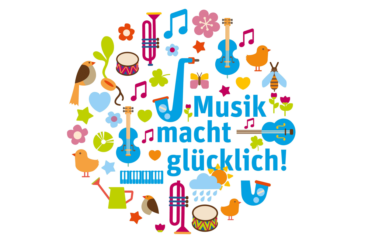 Grafik mit Schriftzug "Musik macht glücklich"